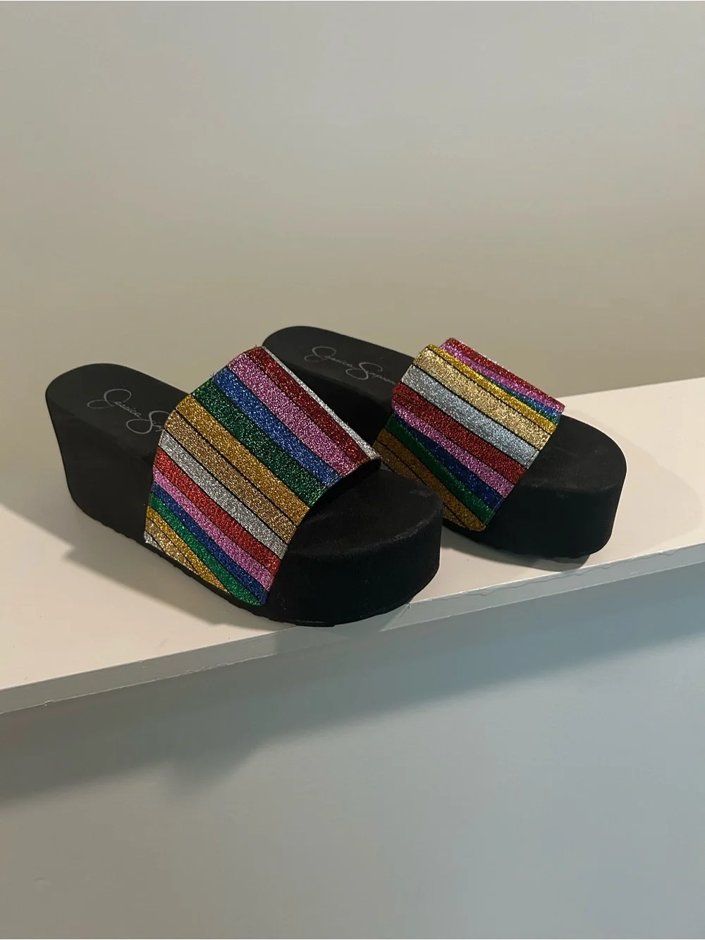 Jessica Simpson Multicolor Glitter Stripe Slide Sandals size 7